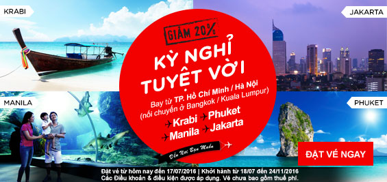 Khuyến mãi hấp dẫn giảm 20% giá vé đi Thái Lan/ Indonesia/ Philippines từ AirAsia!